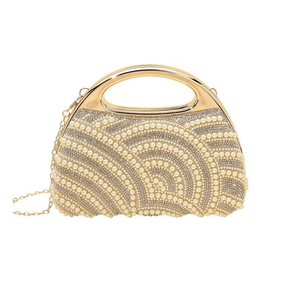 Tigerstars Gold Pearl Rhinestone Embellished Evening Clutch Crossbody Bag - Picture 1 of 3